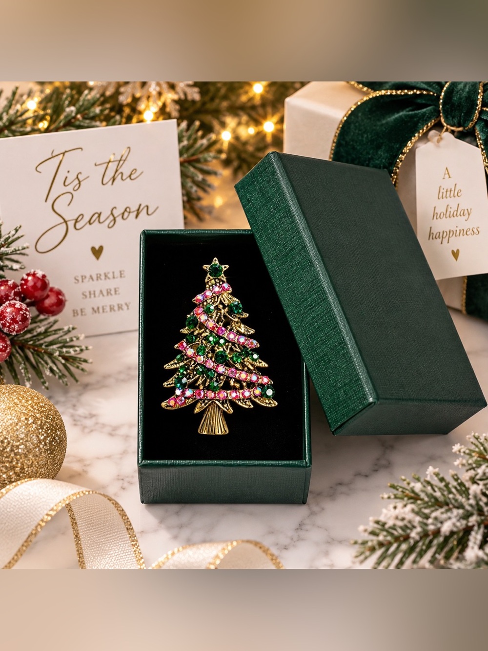 New Christmas Tree Rhinestone Brooch Gold Green Pink Holiday Pin